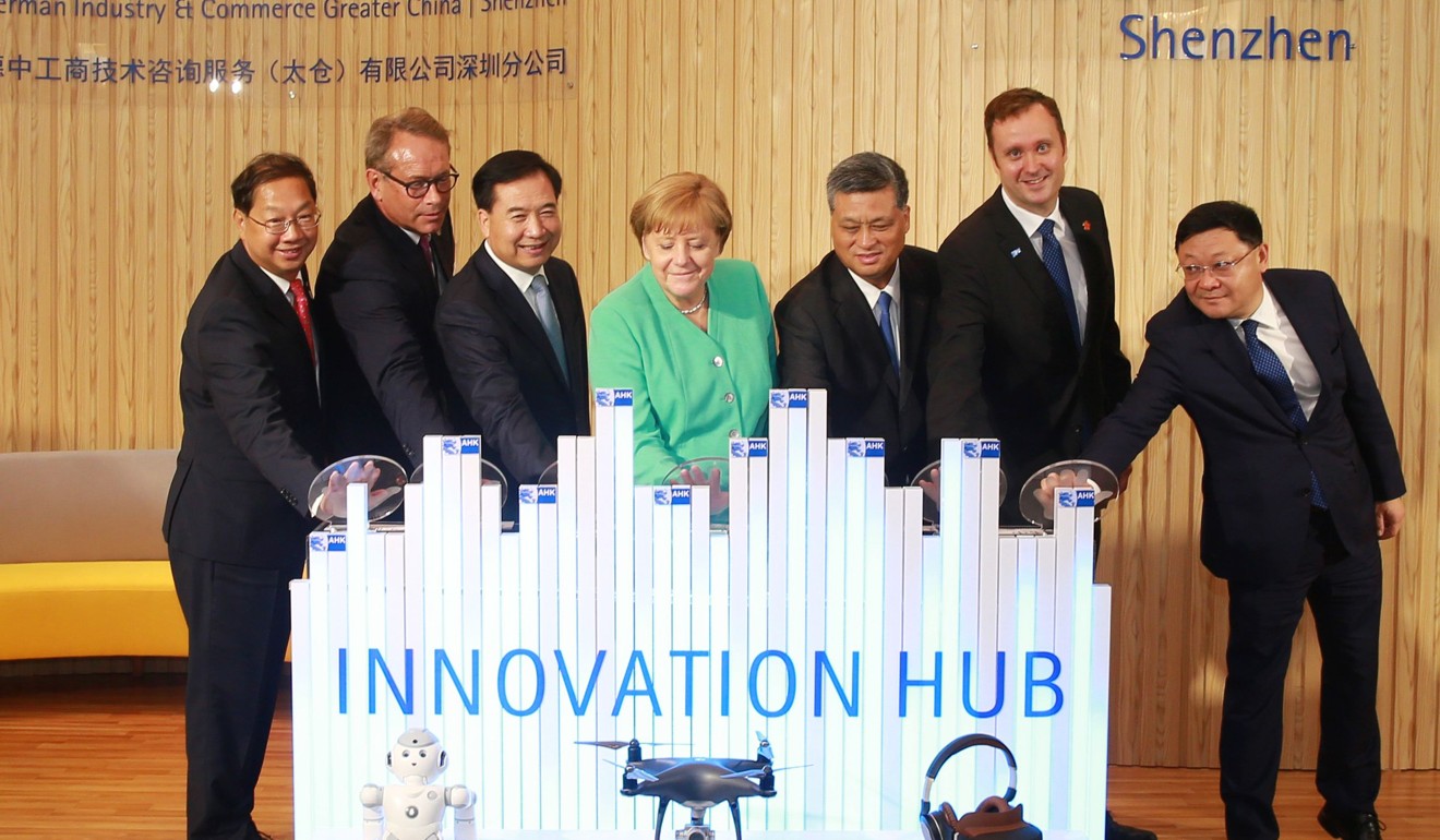 German Chancellor Angela Merkel attends the opening of the AHK-Innovation Hub Shenzhen on May 25. Shenzhen has attracted worldwide attention as an innovation hub, leaving Hong Kong struggling to keep up. Photo: AFP