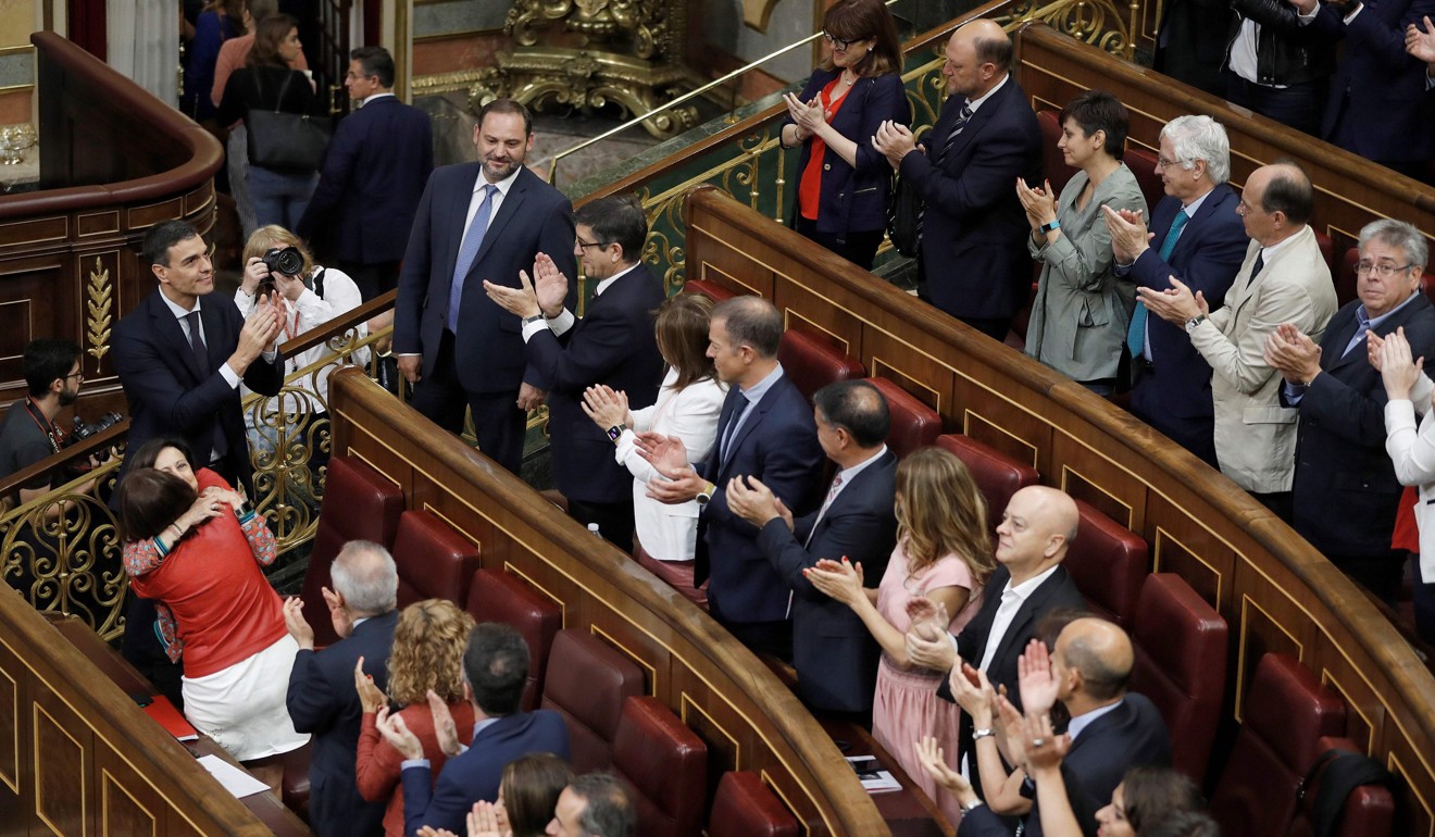 Spain's new Prime Minister Pedro Sanchez acknowledges applause after a vote on a no-confidence motion at the Lower House of the Spanish Parliament in Madrid on June 01. Photo: AFP