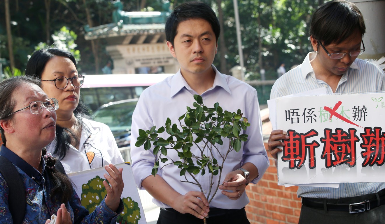 Lawmaker Ted Hui (centre) joins a protest against the removal of the two trees. Photo: David Wong