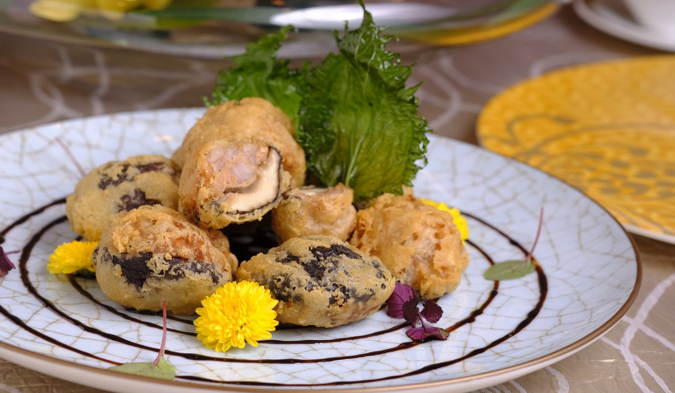 Deep-fried mushrooms stuffed with Omnipork and lotus root.