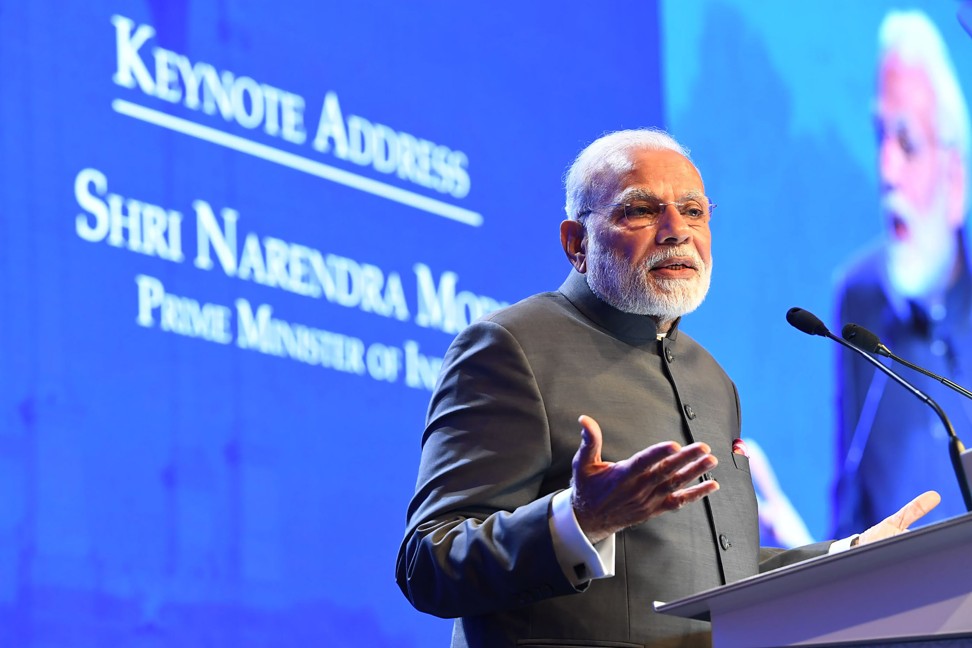 India’s Prime Minister Narendra Modi delivering the keynote address at the Shangri-La dialogue in Singapore on June 1. Photo: AFP/India’s Press Information Bureau handout