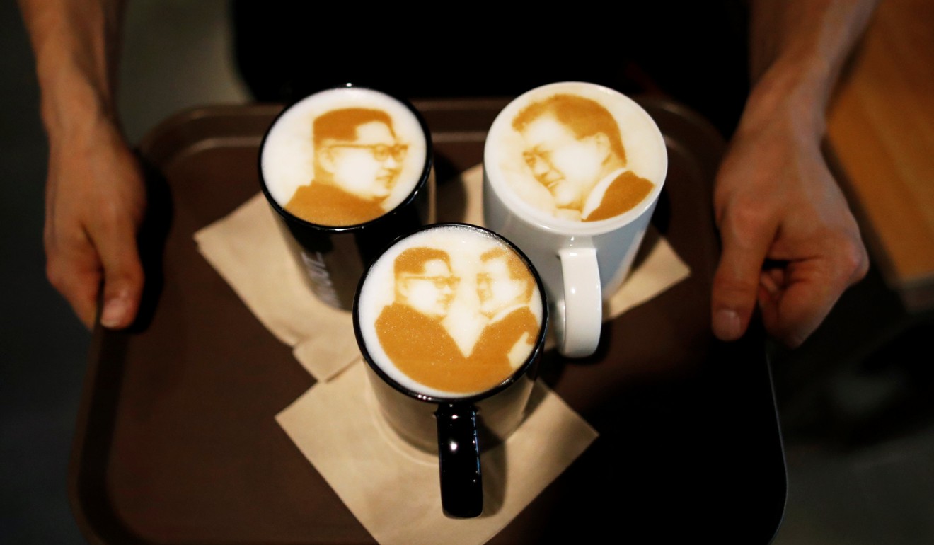 Images of North Korean leader Kim Jong-un and South Korean President Moon Jae-in decorate lattes at a coffee shop in Jeonju, South Korea, this month. Photo: Reuters