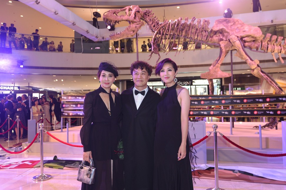 Celebrity guests (from left) Karina Lau, Eason Chan and Miriam Yeung at the unveiling of the dinosaur skeleton at IFC Mall.