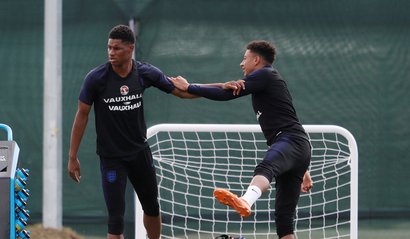 Marcus Rashford and Jesse Lingard during training for England’s opening game. Photo: Reuters