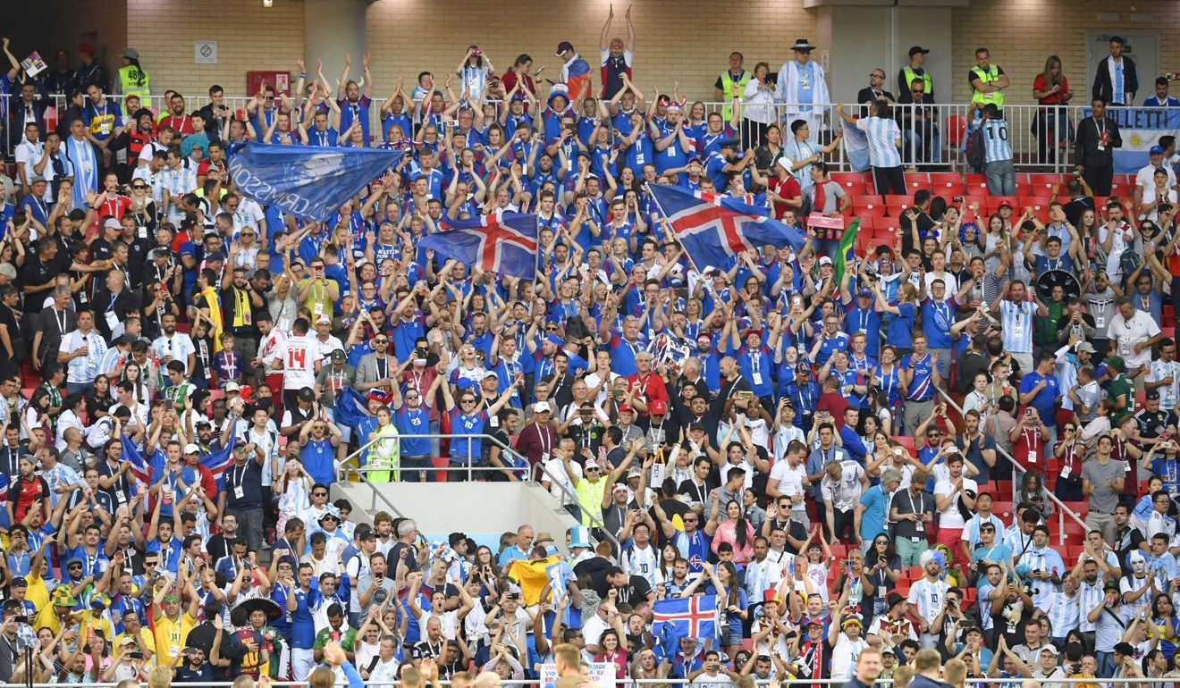 Fans cheer for Iceland during their 1-1 draw with Argentina at Spartak Stadium in Moscow. Photo: Kyodo