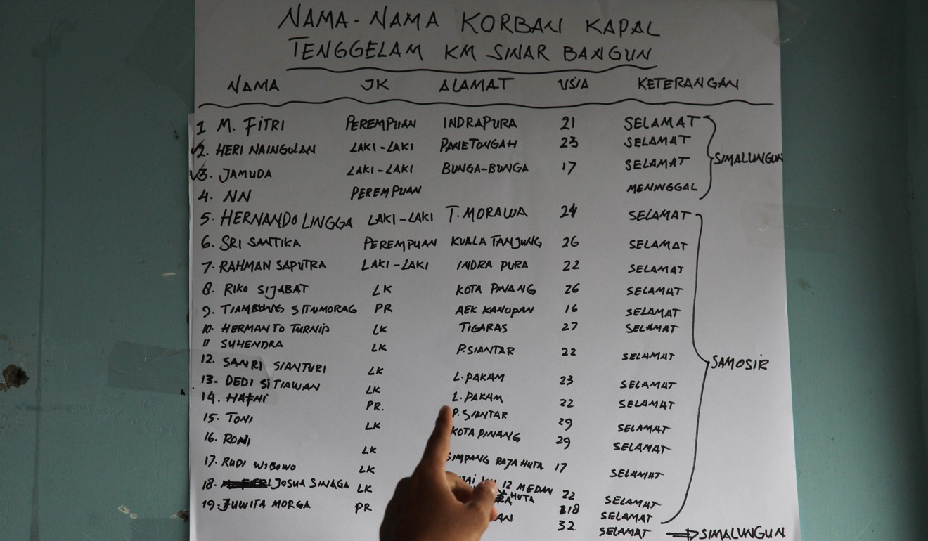 An Indonesian soldier points to a list of passengers who survived at the ferry accident. Photo: Reuters