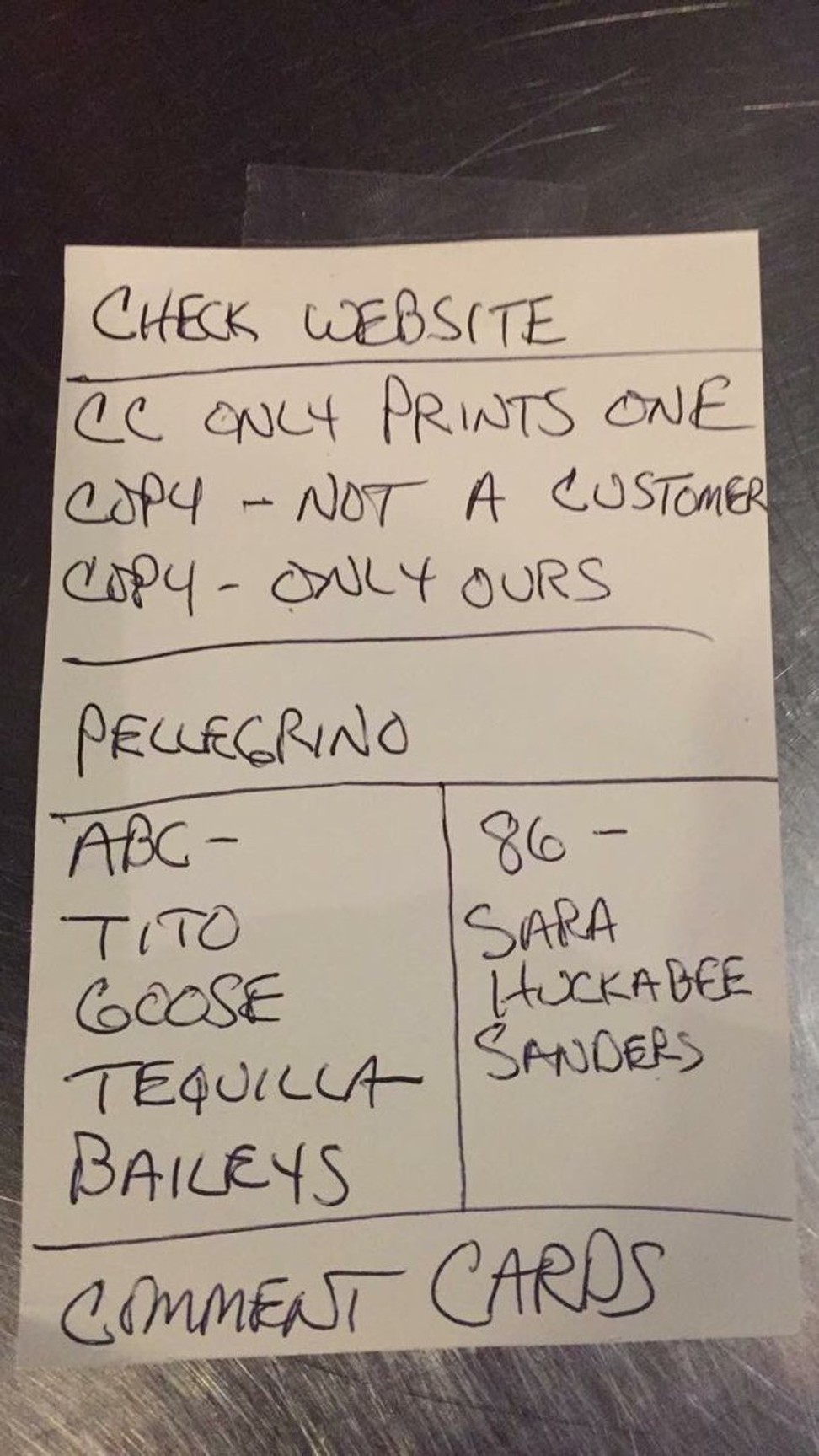 A handwritten note which read ‘86 - Sara Huckabee Sanders’, supposedly from the Red Hen restaurant that asked US President Donald Trump's spokeswoman to leave. To ‘86’ someone is a slang term meaning to refuse to serve a customer. Photo: Facebook