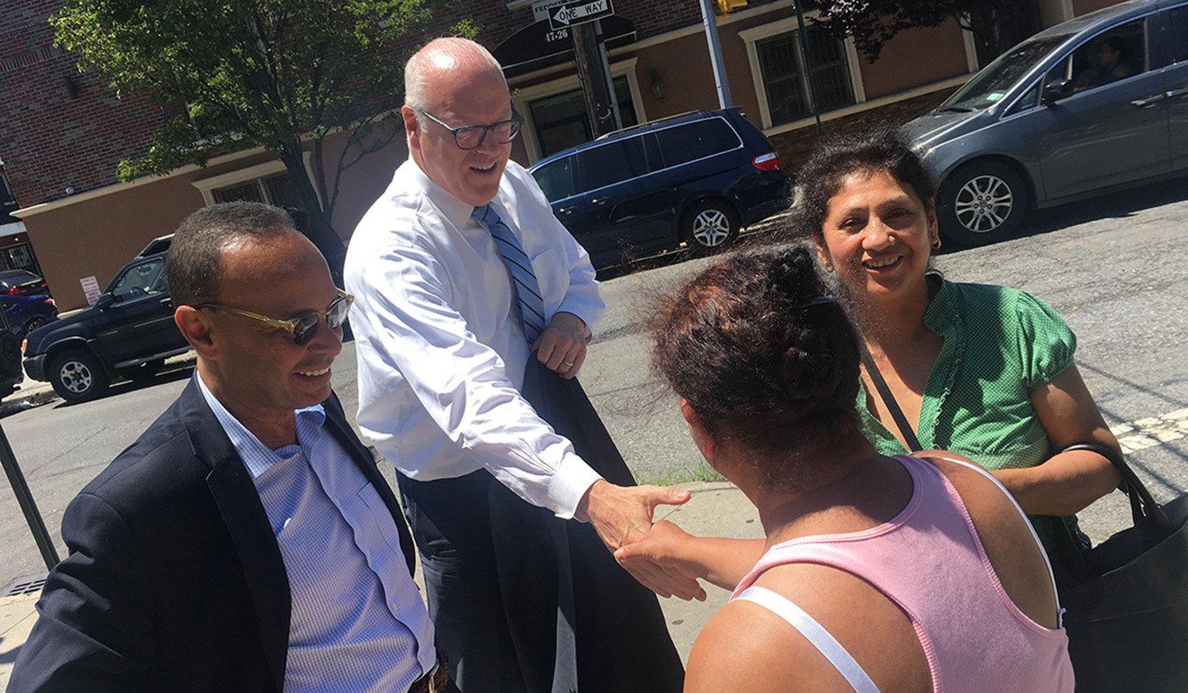 US Representative Joe Crowley (center) campaigning in New York City. He lost in the Democratic primary on Tuesday. Photo: David Weigel/Washington Post