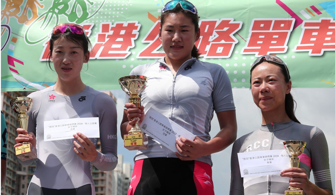Yang Qianyu shares the podium with race winner Pang Yao and third-place getter Leung Kit-yi. Photo: Jonathan Wong