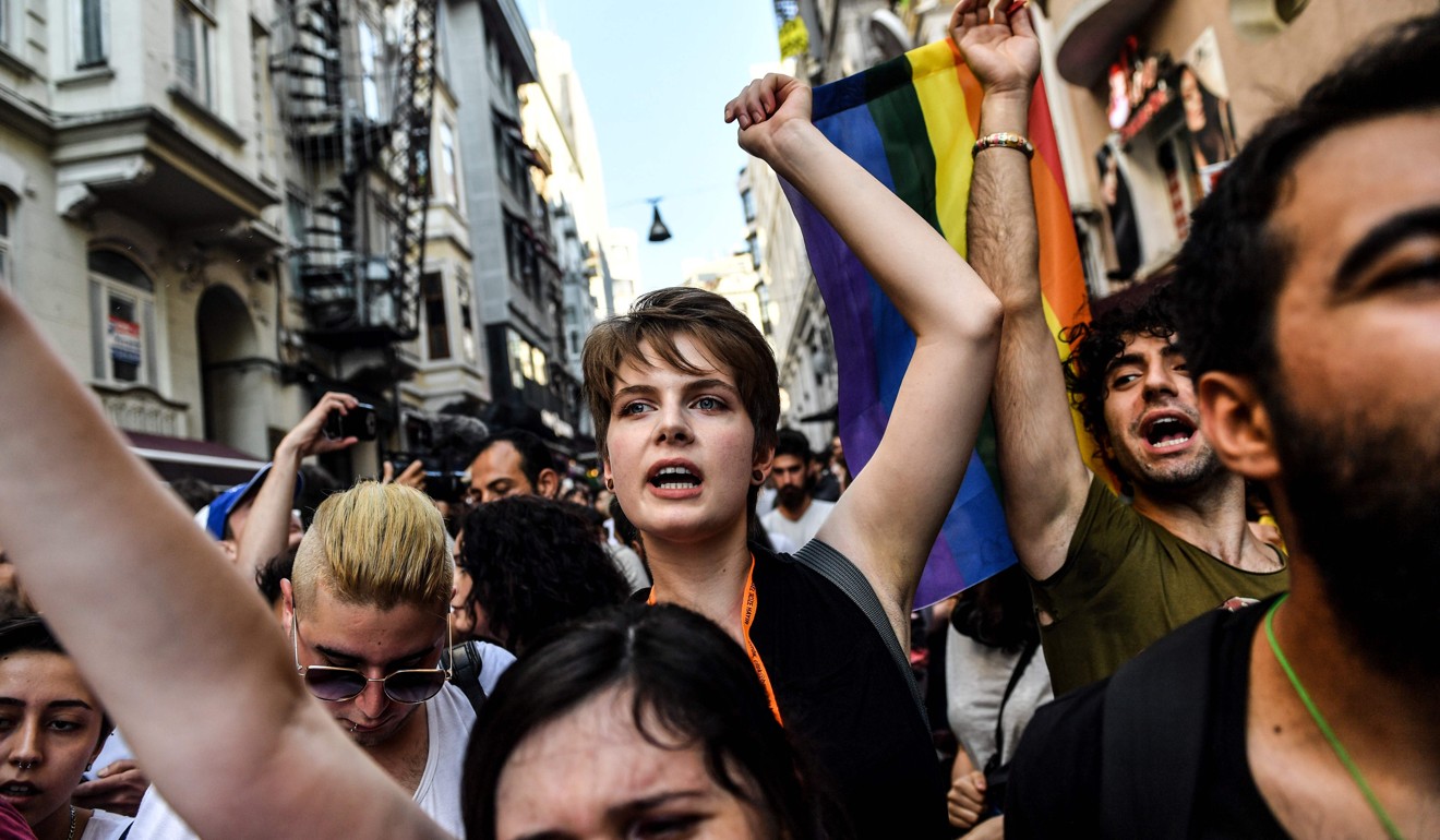 LGBT rights activist shout slogans as they take part in a march on Sunday in Istanbul, after Turkish authorities banned the annual Gay Pride Parade for a fourth year in a row. Photo: AFP