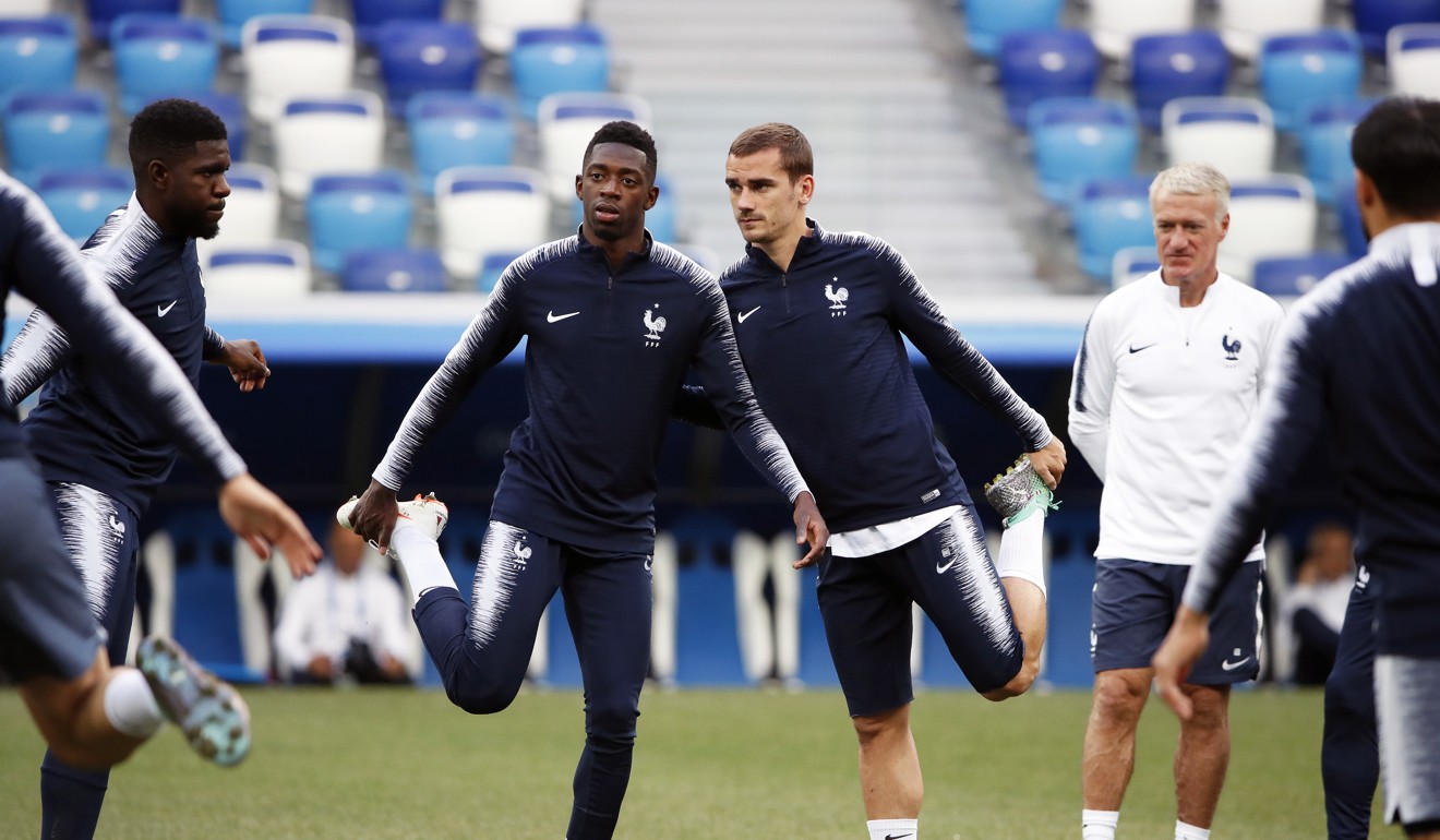French forwards Antoine Griezmann and Ousmane Dembele attend their team's training session in Nizhny Novgorod. Photo: EPA