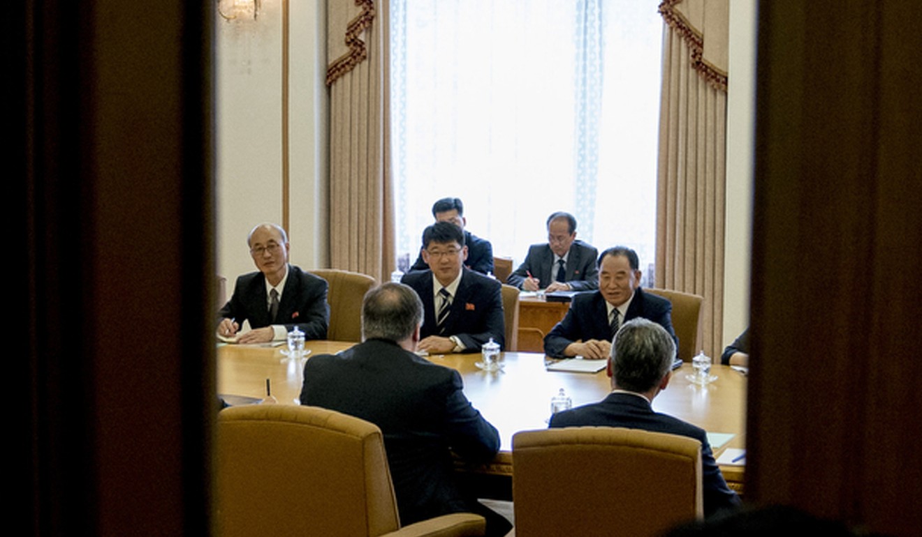 Mike Pompeo (left foreground) across from Kim Yong-chol, the North Korean senior ruling party official and former intelligence chief, meeting at the Park Hwa Guest House in Pyongyang on Friday. Photo: AP