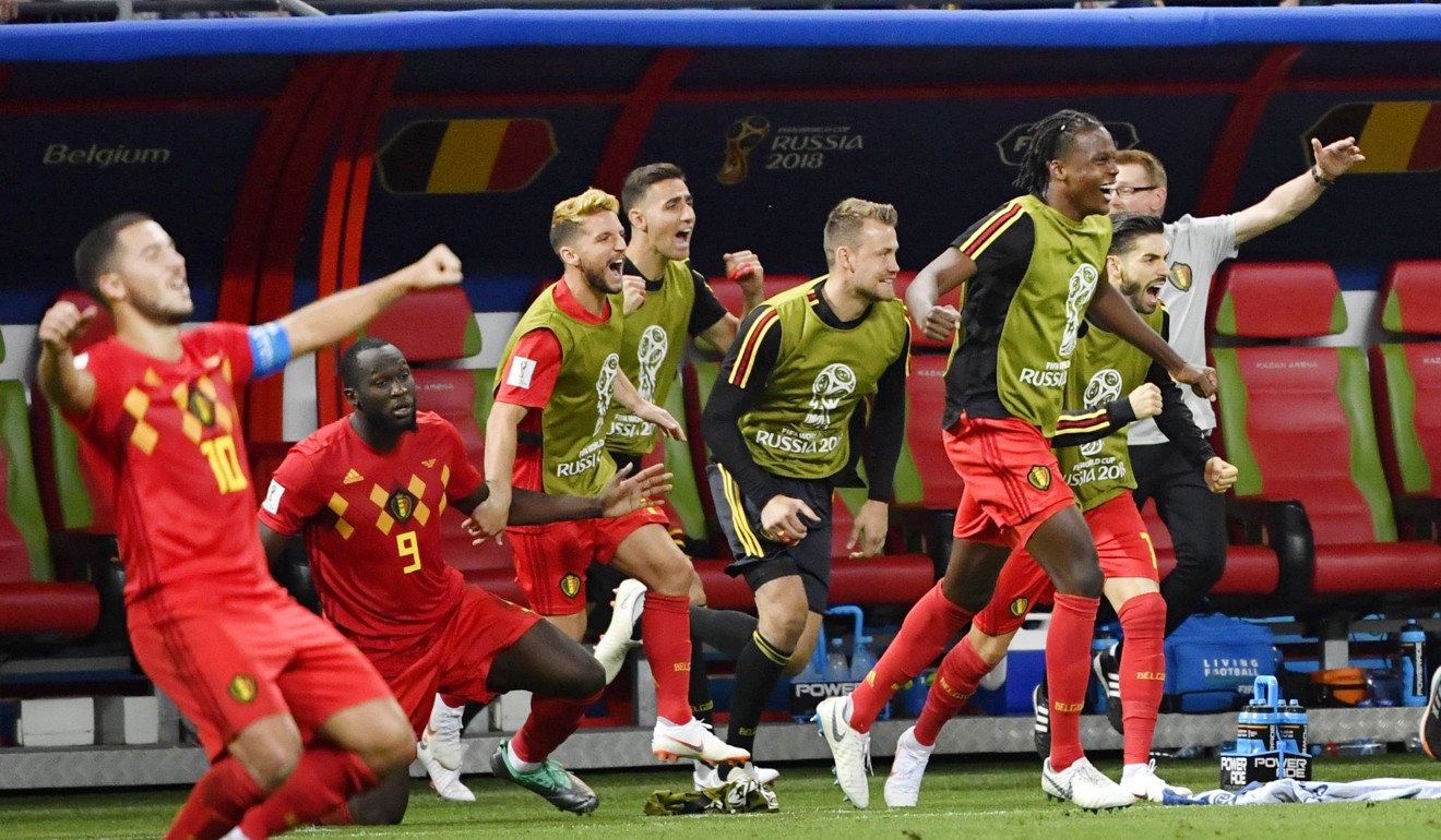 Players of Belgium celebrate after defeating Brazil 2-1 in their World Cup quarter-final. Photo: Kyodo