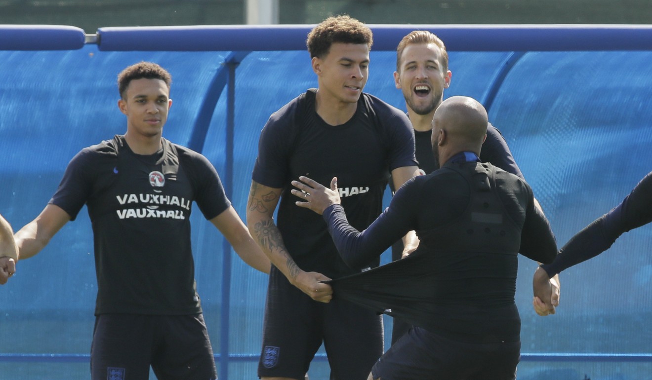 England’s Trent Alexander-Arnold, Dele Alli, Harry Kane and Fabian Delph during a training session in Zelenogorsk near St. Petersburg, Russia. Photo: AP