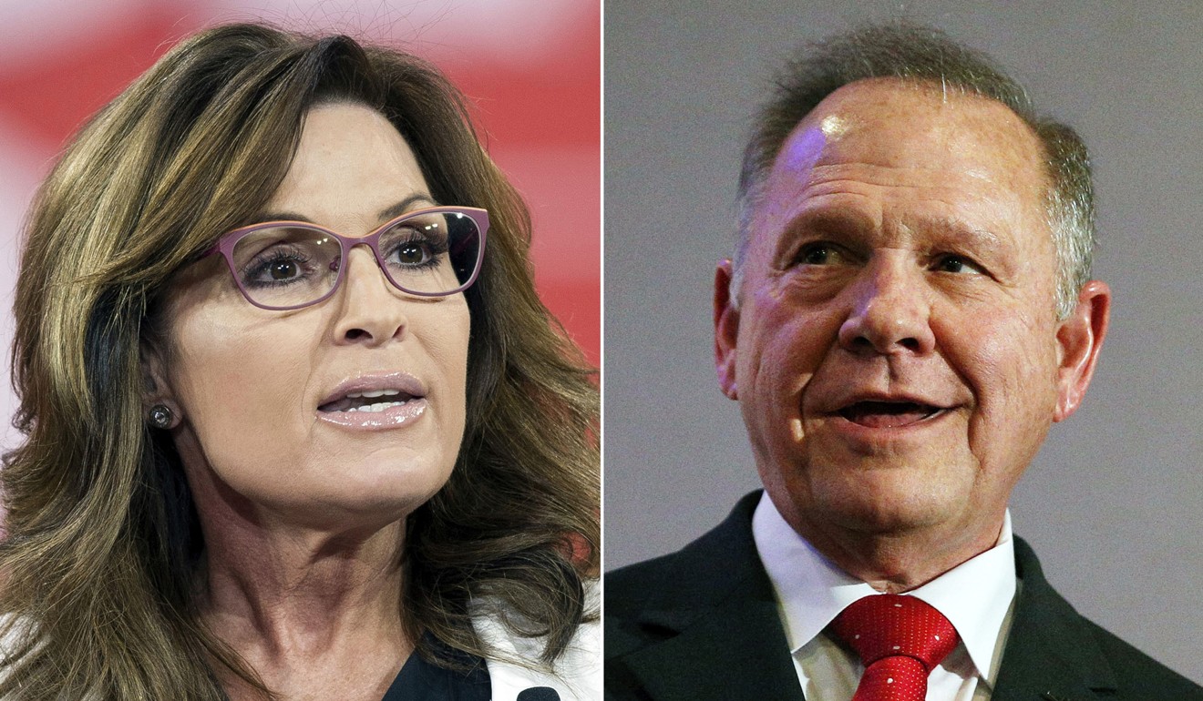 Former Alaska Governor Sarah Palin (left, in 2015) and former Alabama Chief Justice Roy Moore (right) were both duped into appearing on Cohen’s new show. Photo: AP