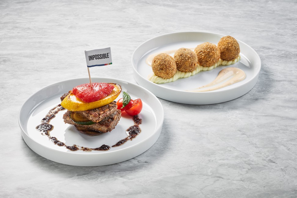 Vegetable millefeuille (left) and chipotle croquettes are made using Impossible Foods’ plant-based ‘meat’ at the Apron Oyster Bar & Grill at Galaxy Macau.