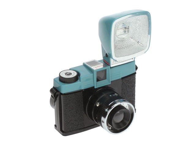 Produced in 2007, the Diana F+ plastic-bodied box camera with flash has a simple plastic meniscus lens and uses 120 roll film and 35mm film.