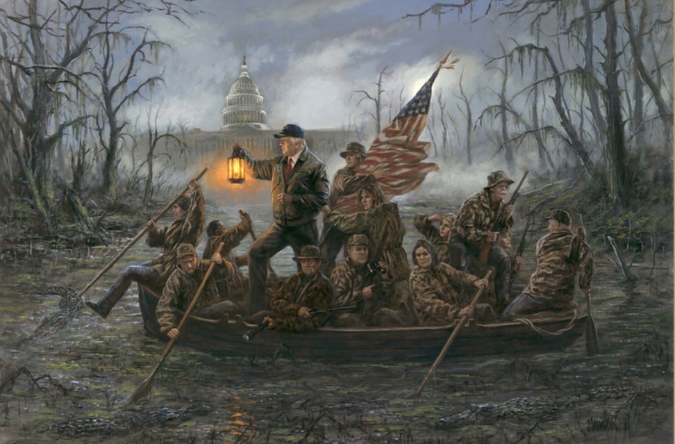 Artist Jon McNaughton released his new 'Crossing the Swamp' painting on Tuesday. Pictured are (left to right): Nikki Haley, James Mattis, Ben Carson, President Trump, Jeff Sessions, Mike Pence, Melania Trump, Mike Pompeo, Sarah Huckabee Sanders, Ivanka Trump, John Bolton, Kellyanne Conway and John Kelly. Picture courtesy Jon McNaughton