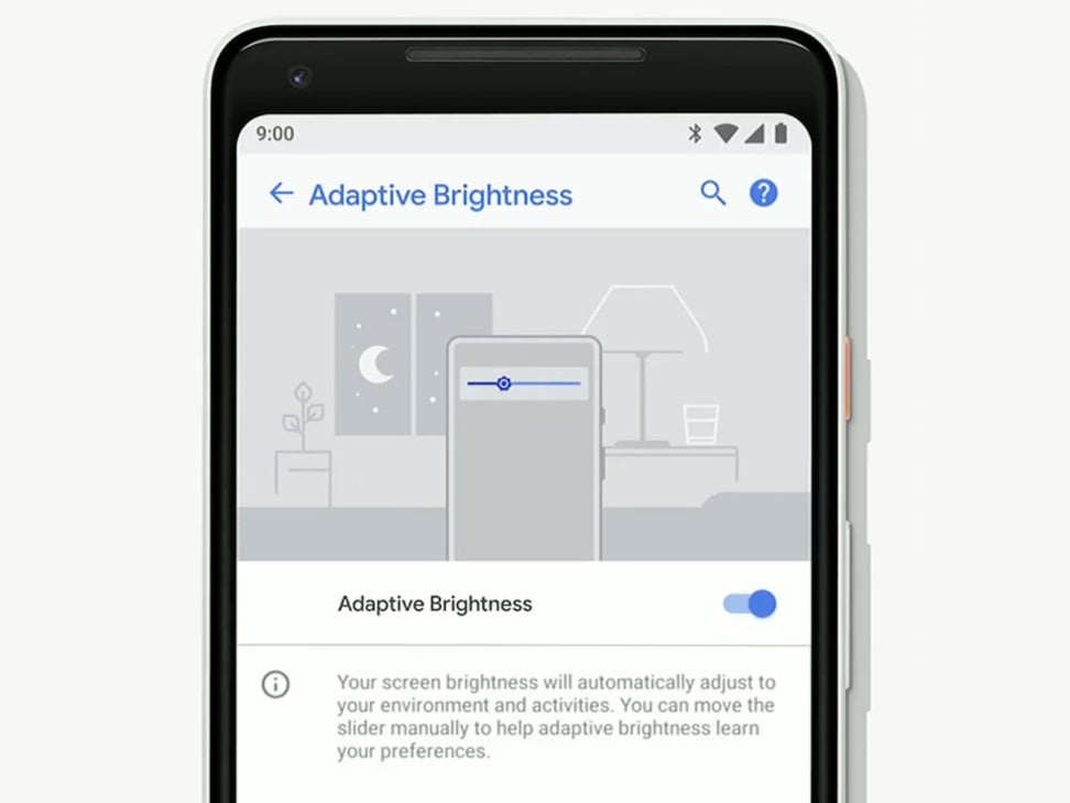The Android 9.0 features Adaptive Brightness, which learns how you adjust your brightness settings in different lighting situations and automatically changes the display’s brightness. Photo: YouTube/Google
