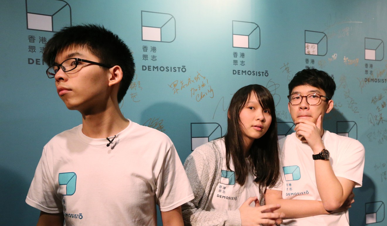 Joshua Wong (left), Agnes Chow and Nathan Law Kwun-chung of Demosisto. Photo: Felix Wong