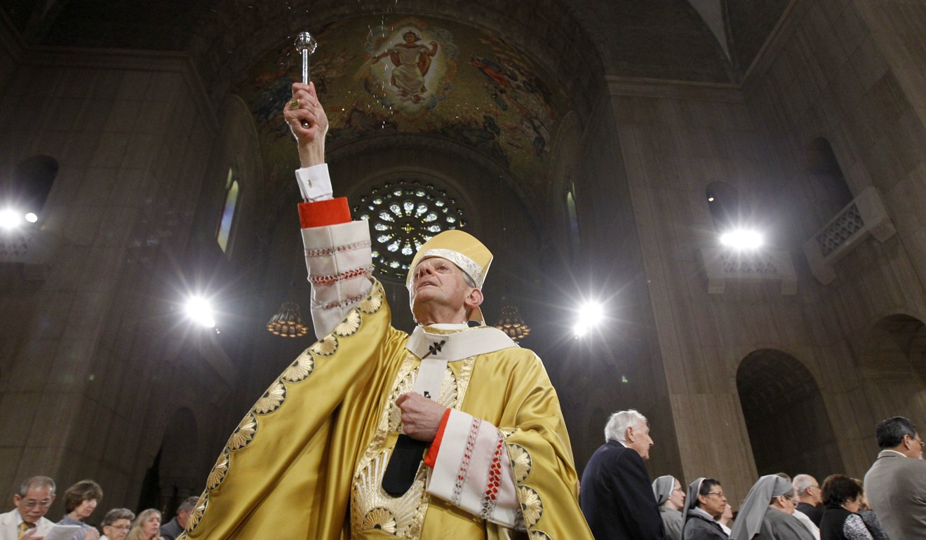 Cardinal Donald Wuerl, Archbishop of Washington, sprinkles holy water during Easter mass at the Basilica of the National Shrine of the Immaculate Conception in Washington, in April 2011. The grand jury report accuses Wuerl of helping to protect abusive priests when he was Pittsburgh’s bishop. Photo: AP
