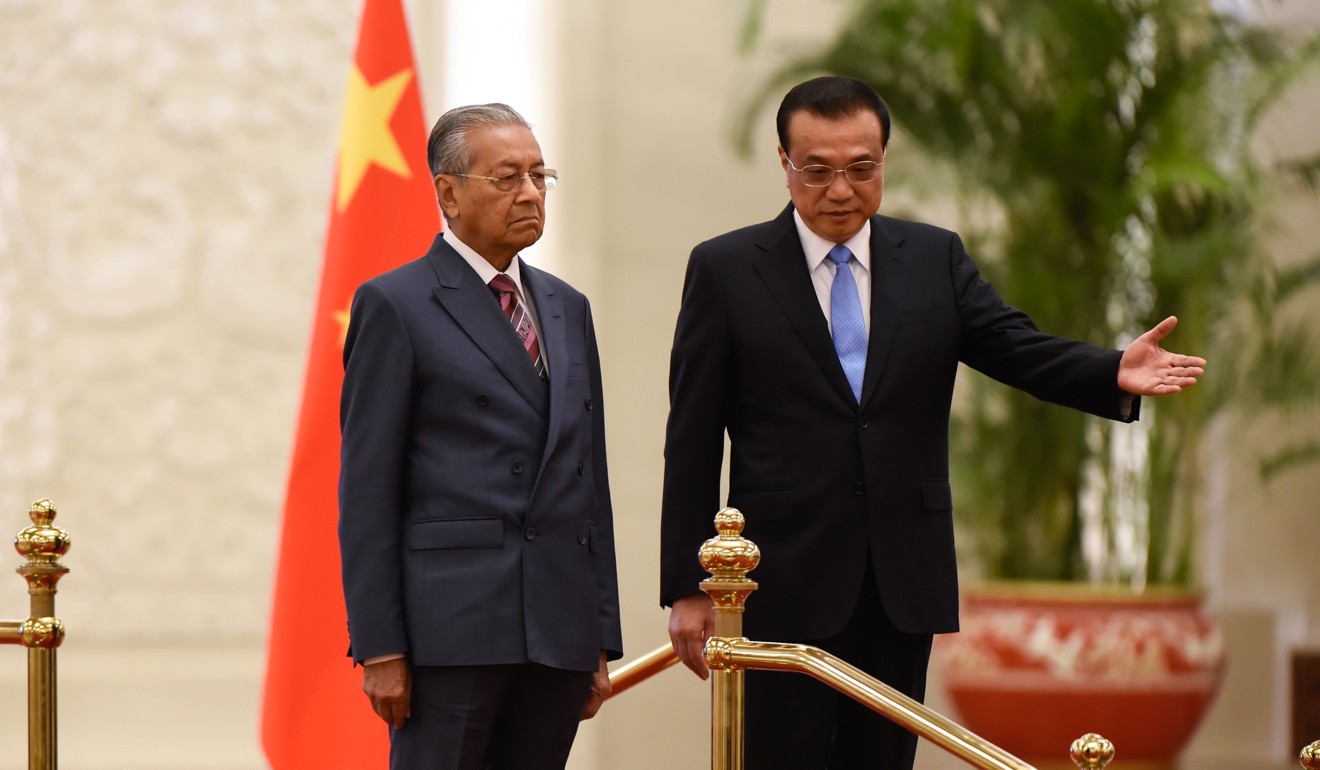Chinese Premier Li Keqiang (right) shows the way to Malaysian Prime Minister Mahathir Mohamad during an inspection of Chinese honour guards at the Great Hall of the People in Beijing on August 20, 2018. Photo: Agence France-Presse