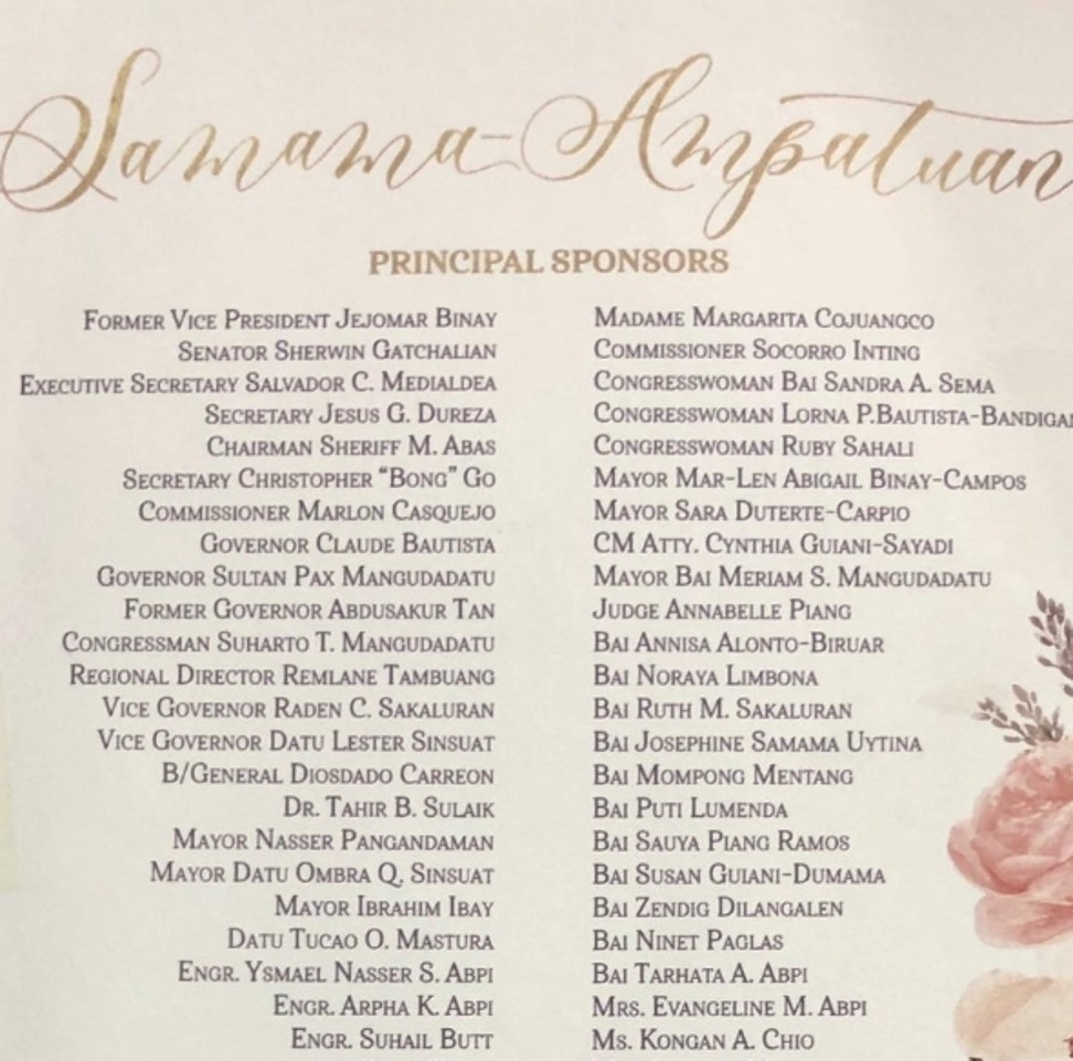 Principal sponsors named in the official wedding invitation. Photo: Twitter