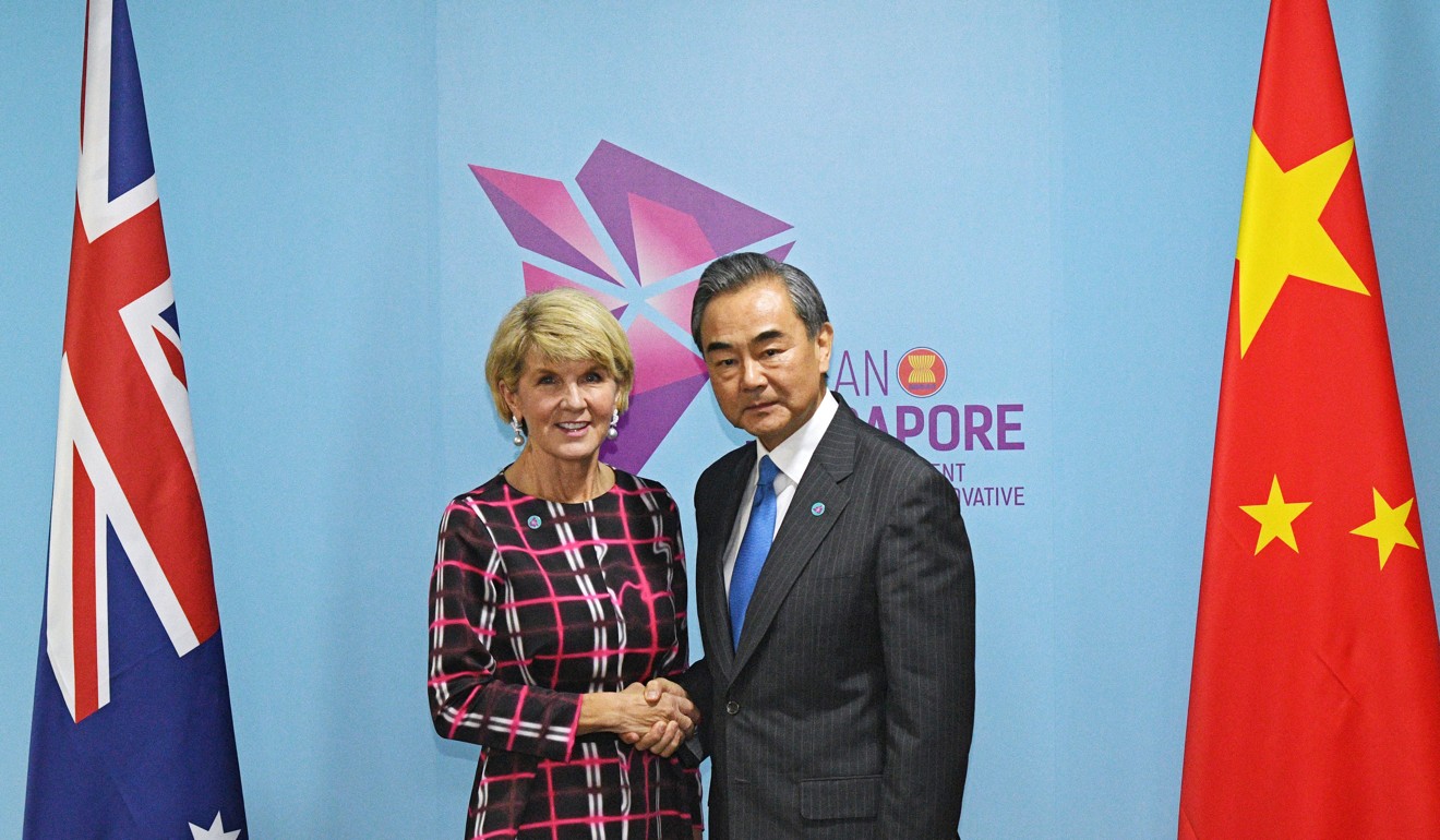 China’s Foreign Minister Wang Yi and Julie Bishop in Singapore earlier this month. Photo: Xinhua