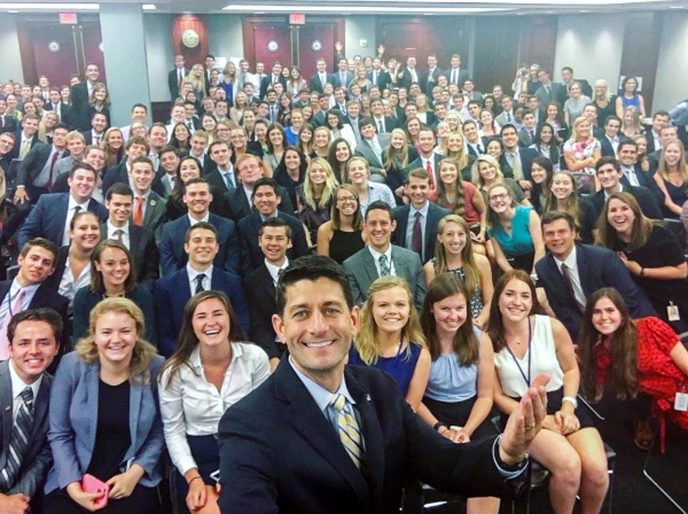 US House Speaker Paul Ryan posted this selfie with a group of Capitol Hill Interns on his Instagram account in 2016. Photo: Paul Ryan Instagram