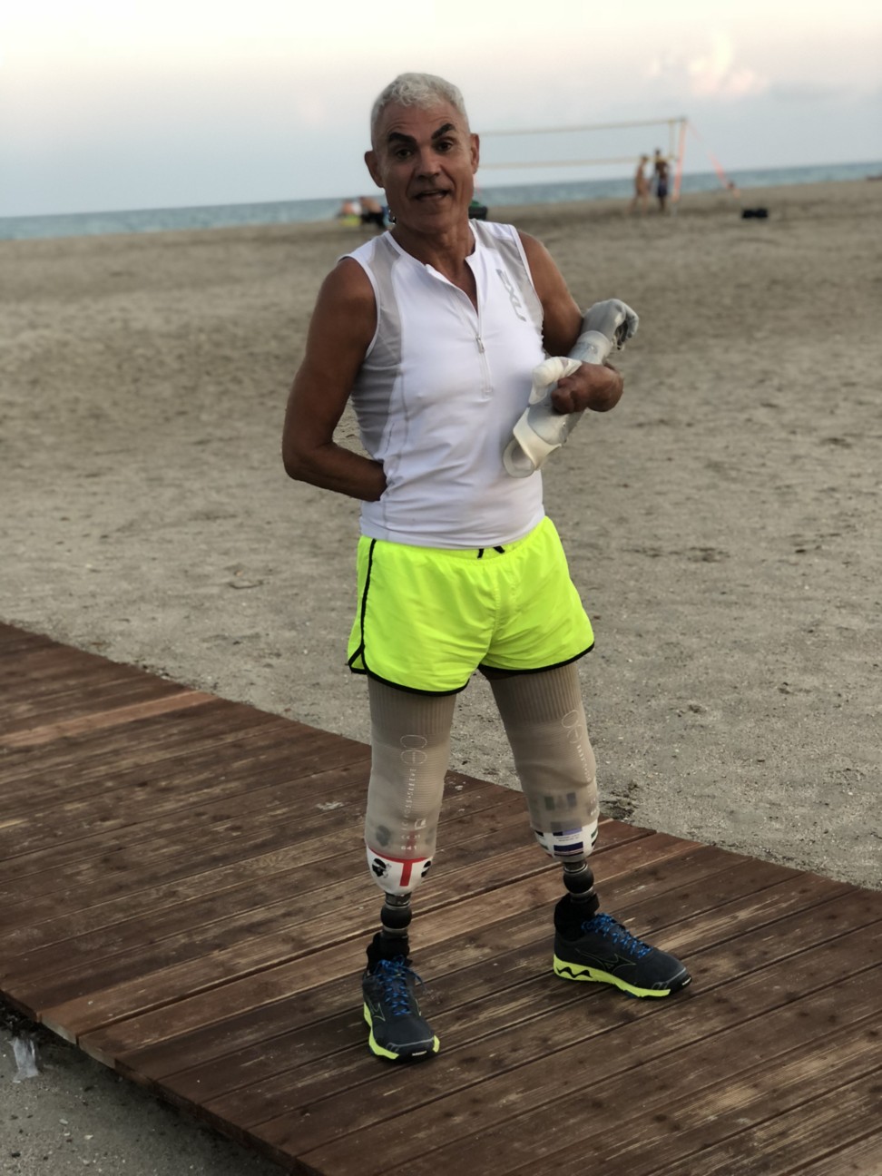 Roberto Zanda on his prosthetic legs, bionic arm in hand, in his beloved Sardinia, six months after his Canadian Yukon nightmare. Photo: Lise Floris