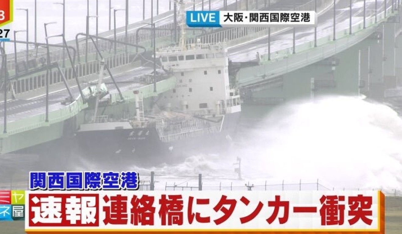 Strong winds sent a 2,591-tonne tanker crashing into a bridge that connects to Kansai airport. Photo: Weibo