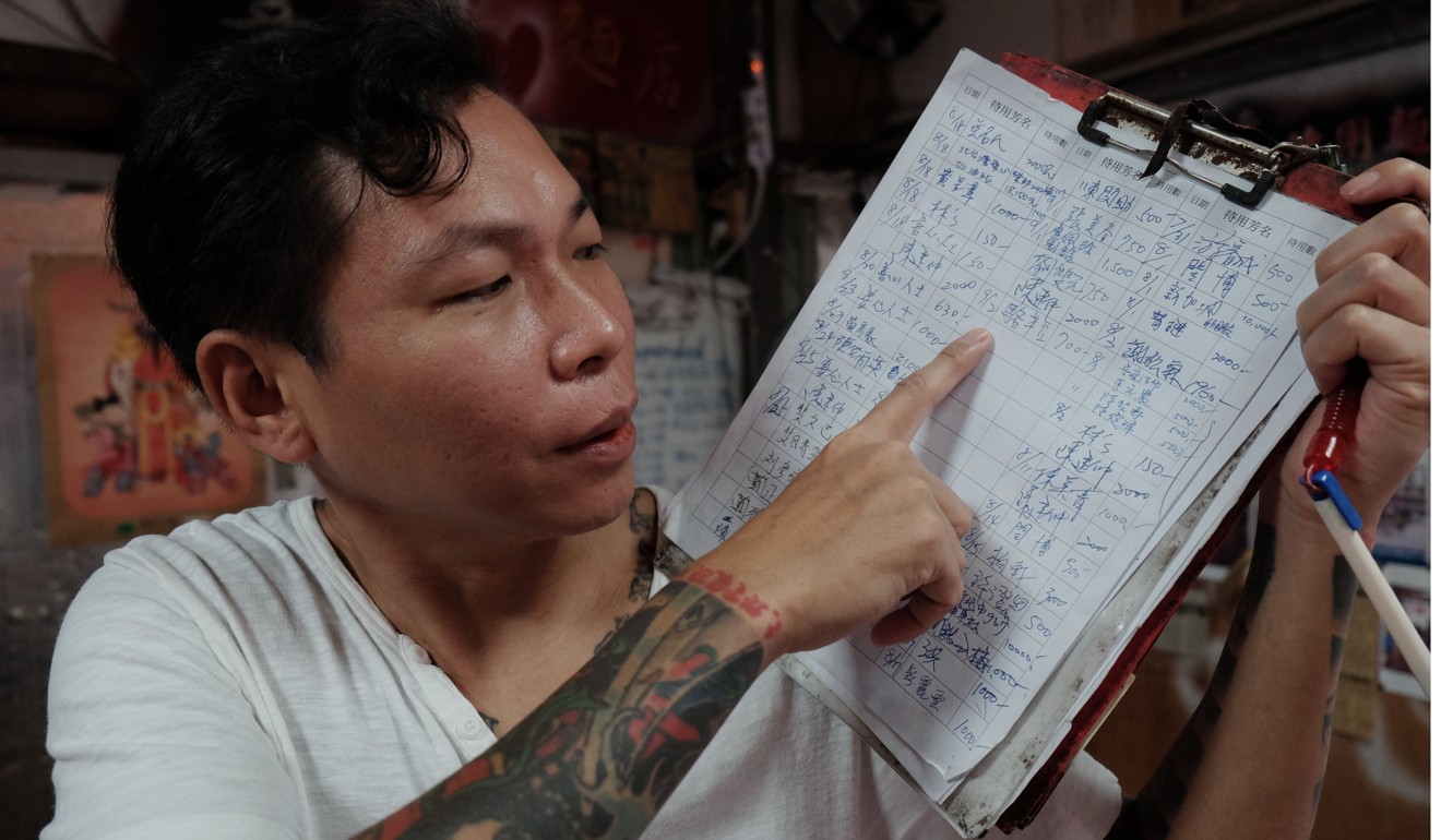 Former criminal Yen Wei-shun displays a list of charities his work has helped. Photo: AFP