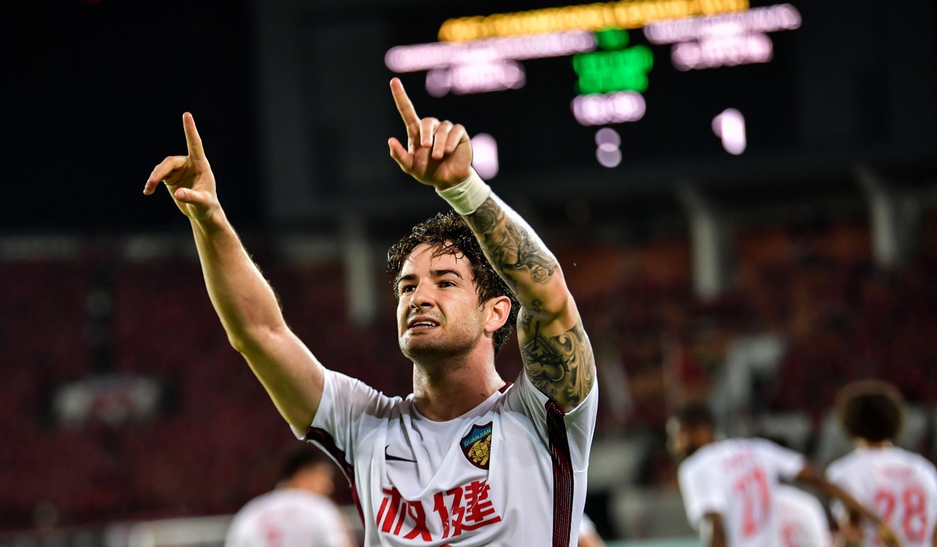 Tianjin Quanjian’s Alexandre Pato celebrating after scoring during the 2018 AFC Champions match between against Guangzhou Evergrande. Photo: AFP