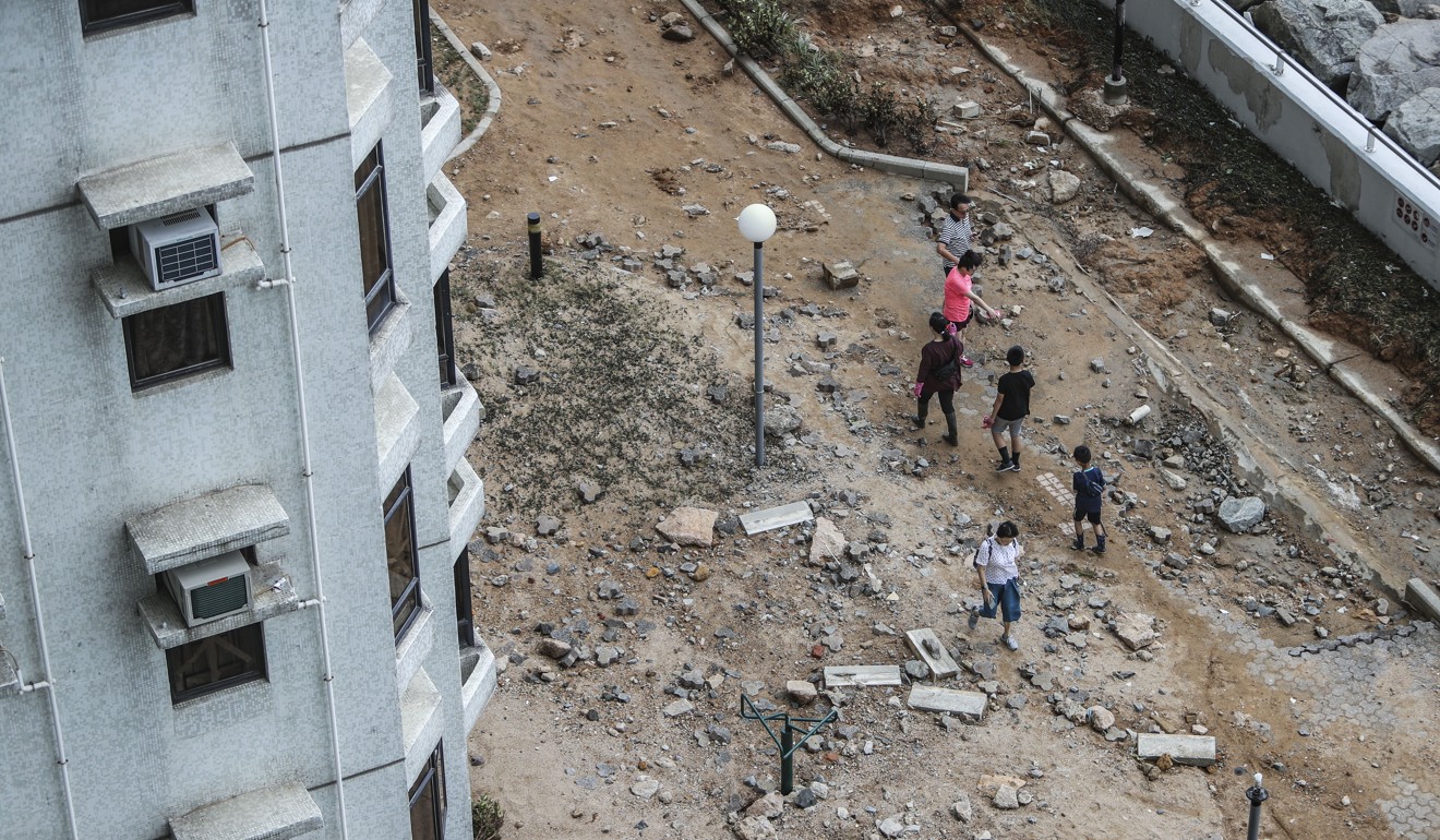 Pedestrian walkways around Heng Fa Chuen have been reduced to rubble. Photo: Winson Wong