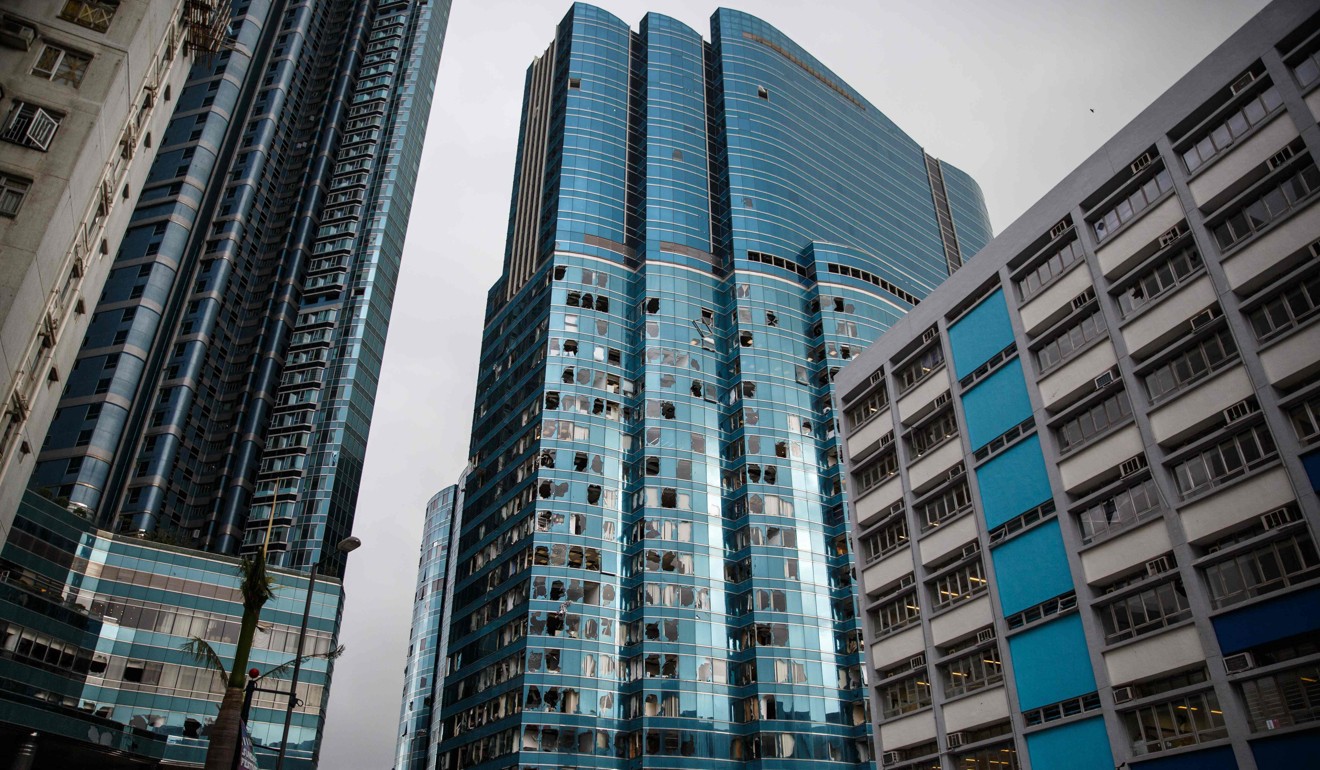 A general view of post-typhoon damage at CK Asset’s One Harbourfront shopping centre and Harbour Grand Kowloon Hotel. Photo: AFP