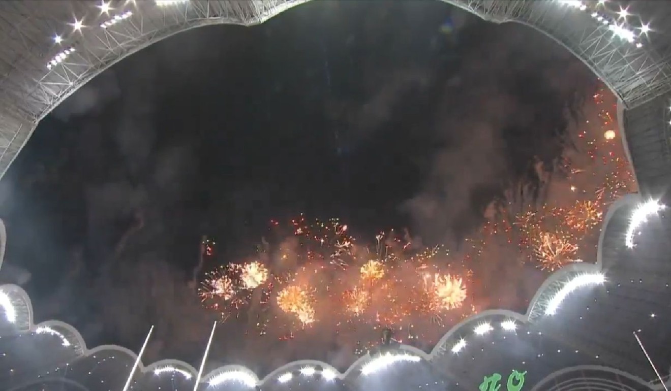 Fireworks at the stadium following Moon’s speech. Photo: Pyongyang Press Corps via YouTube
