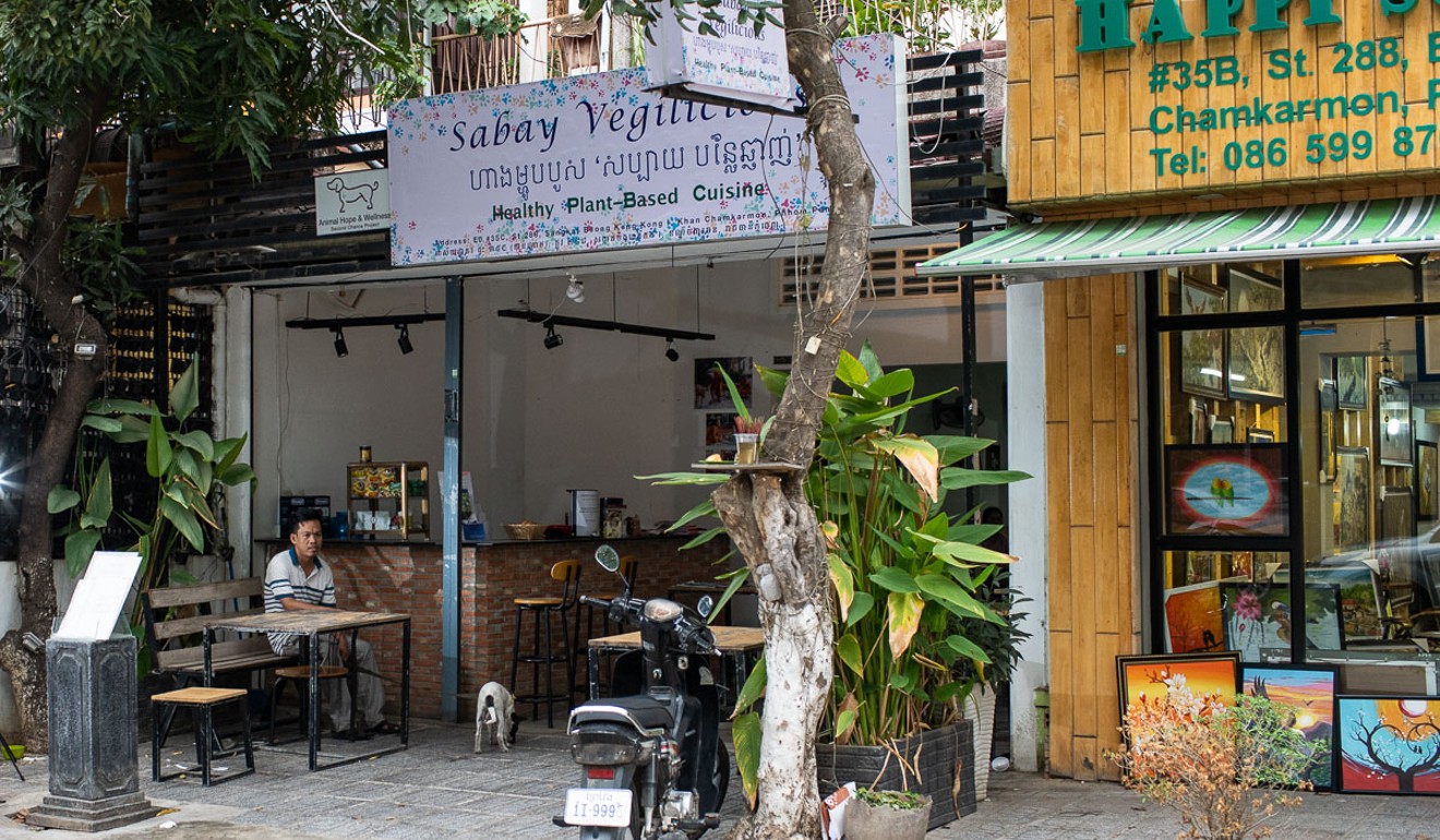 The exterior of Chom Mong and his wife Syna's vegan restaurant, Sabay Vegilicious in Phnom Penh, Cambodia. Photo: Enric Catala