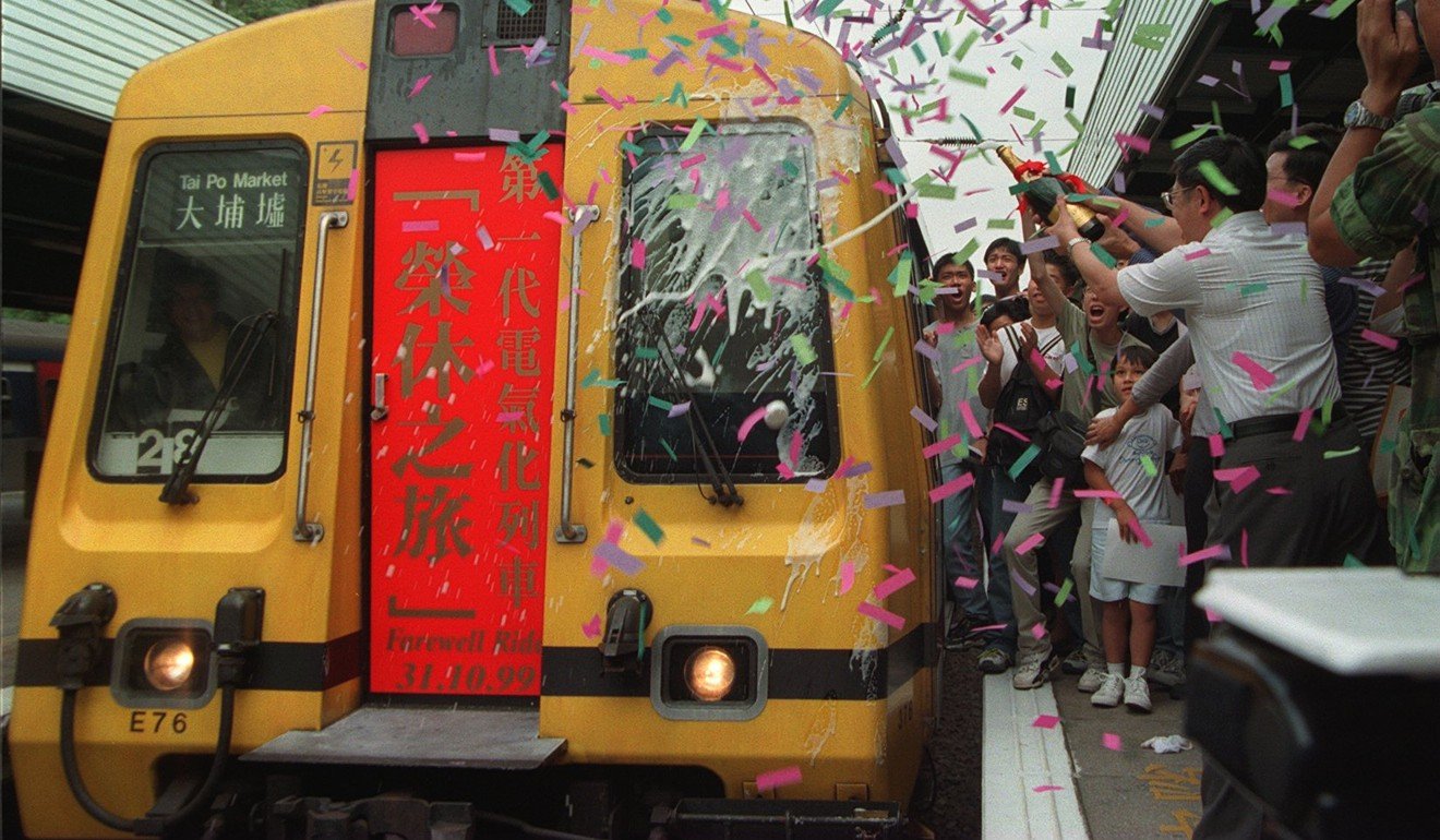Commuters bid the first-generation of the Kowloon Canton Railway’s electric trains farewell on October 31, 1999. Photo: Oliver Tsang