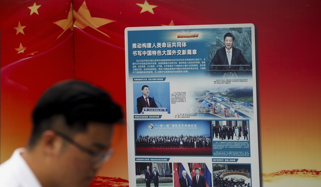 Government propaganda promotes Chinese President Xi Jinping's signature Belt and Road Initiative at a subway station in Beijing. Photo: AP