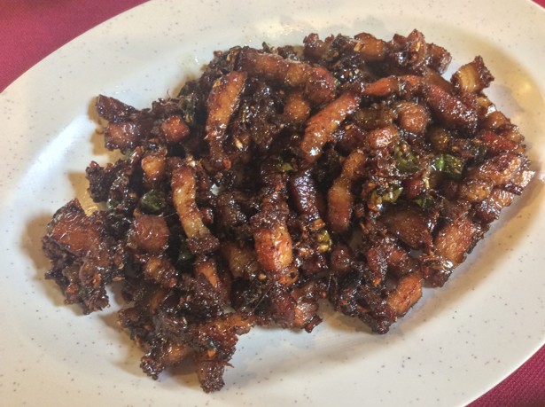 Double-roasted pork with chilli padi at Tek Sen Restaurant. Photo: Susan Jung