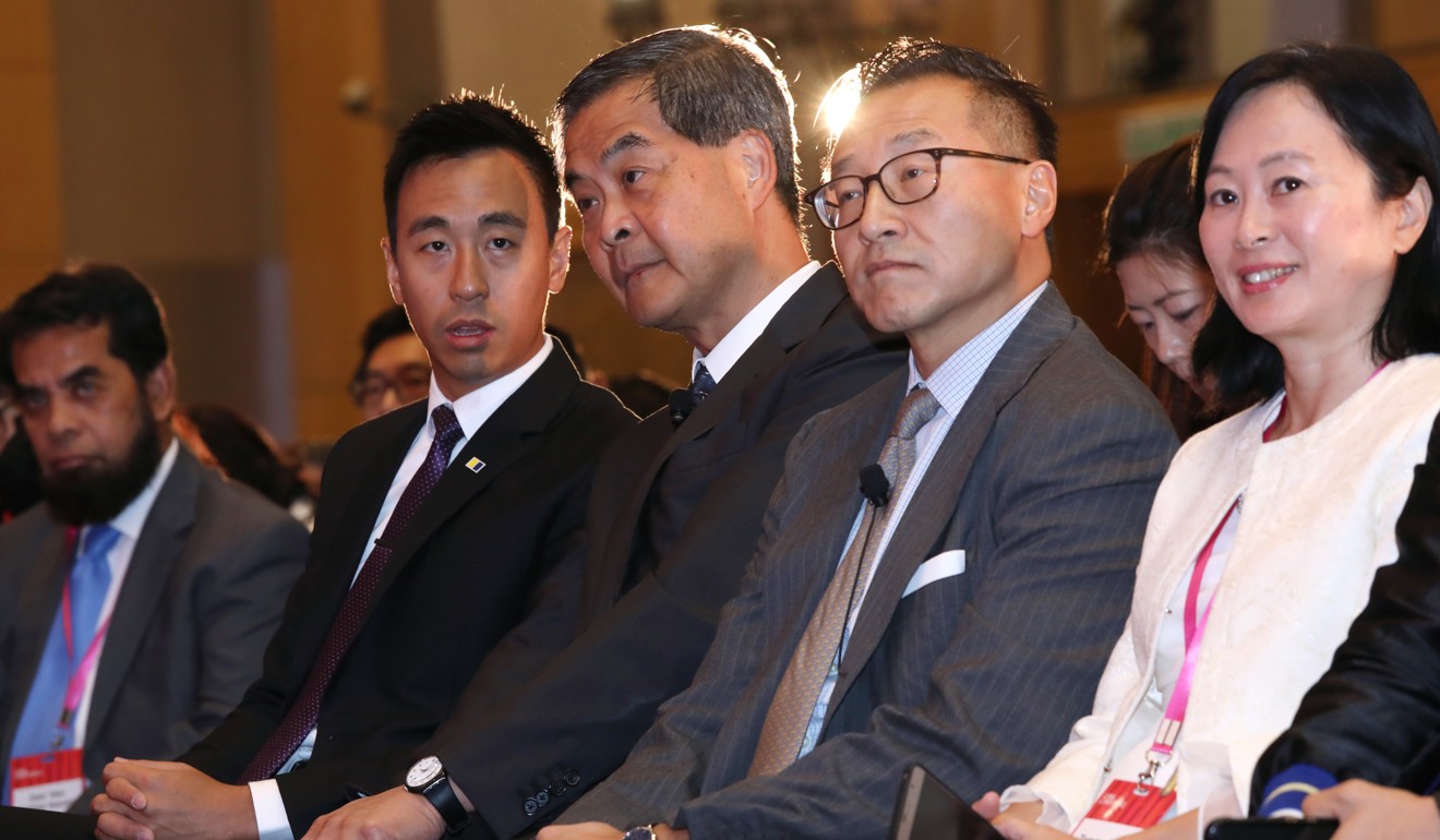 (left to right): Gary Liu, chief executive officer of South China Morning Post; former Hong Kong chief executive Leung Chun-ying; Joe Tsai; and Tammy Tam, editor in chief of the Post. Photo: KY. Cheng