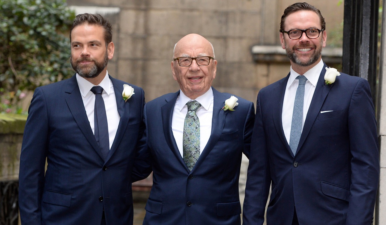 James Murdoch (right) is stepping down from the board of Twenty-First Century Fox, where he will be succeeded by his brother Lachlan (left). They are pictured with their father, Rupert Murdoch, on Rupert Murdoch’s marriage to ex-supermodel Jerry Hall in London on March 5, 2016. Photo: i-Images/Zuma Press via TNS