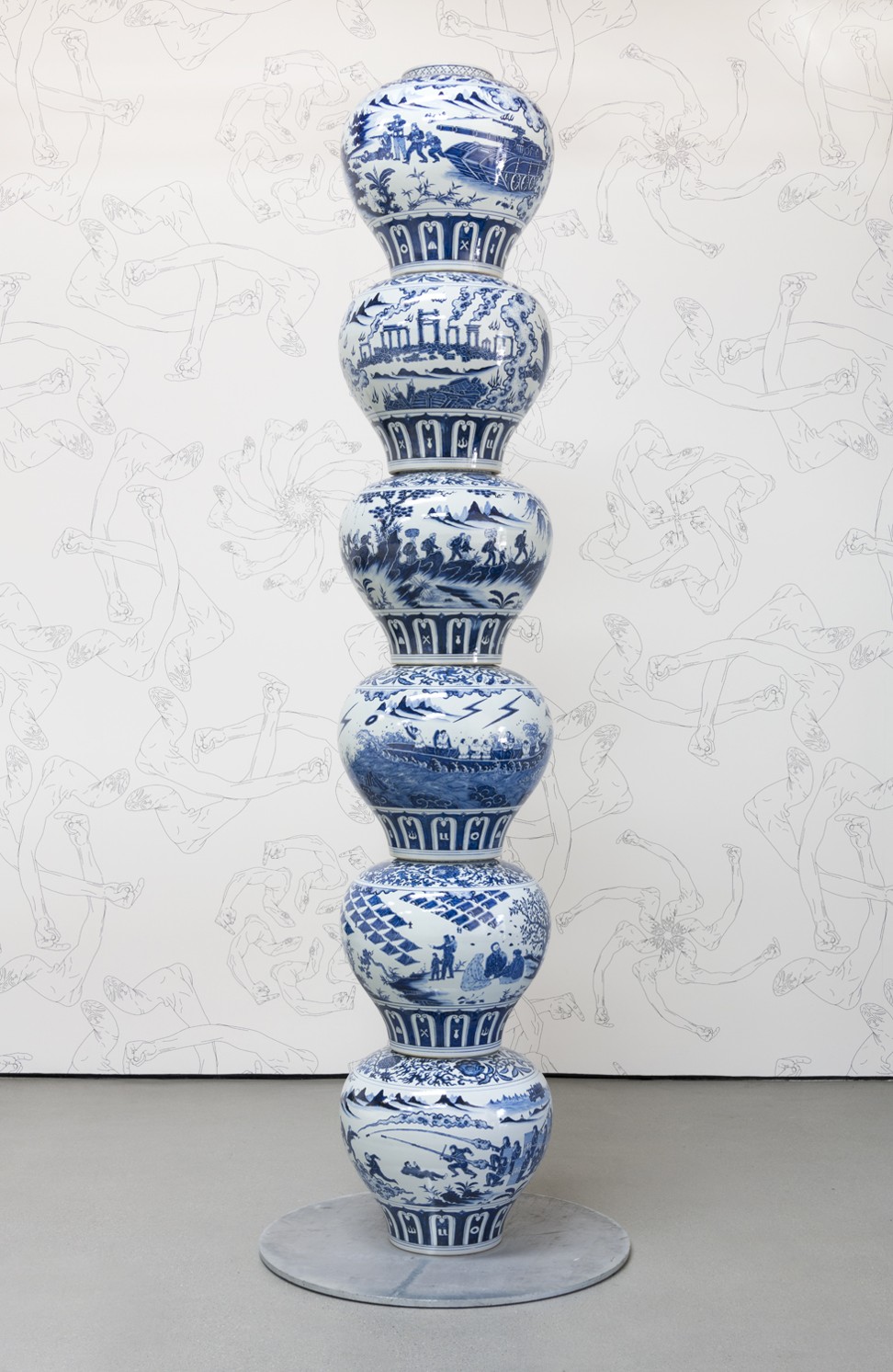 Vases with Refugee Motif as a Pillar (2017) part of Ai’s Weiwei Cao/Humanity exhibition at UTA Artist Space. Photo: Courtesy UTA Artist Space