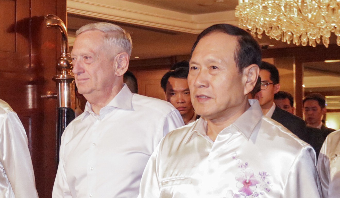 US Defence Secretary James Mattis, left, and Chinese Defence Minister Wei Fenghe attend a gala dinner at the 12th Asean Defence Ministers' Meeting in Singapore on Friday. Photo: AP