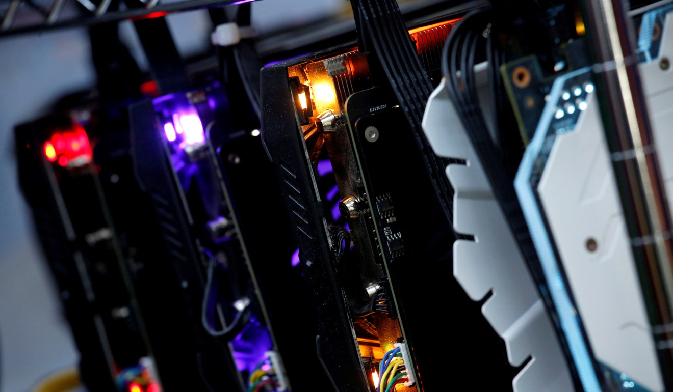 High-end graphic cards installed in a cryptocurrency mining computer at a mall in Hong Kong. Photo: Reuters
