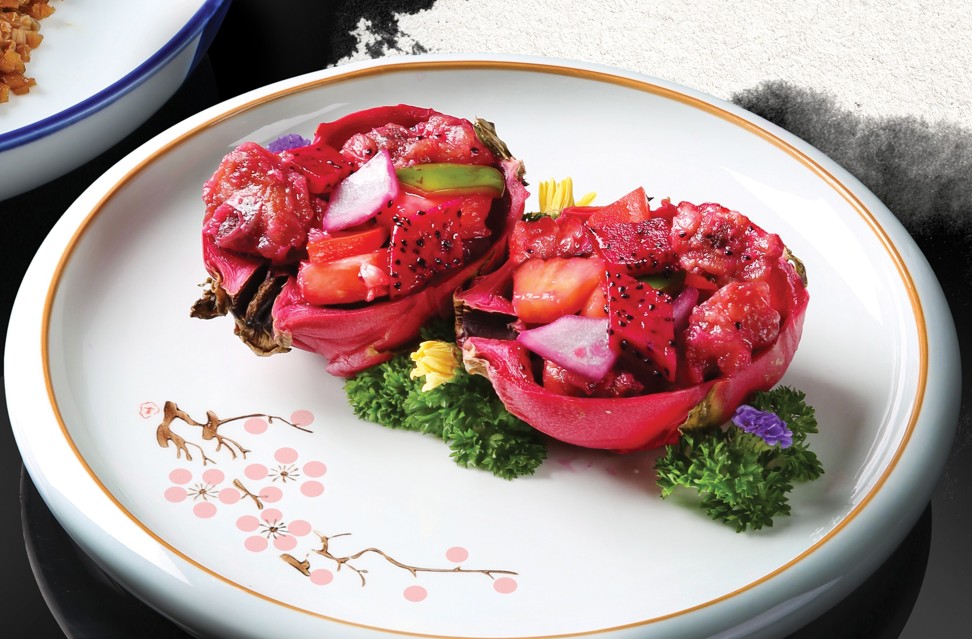 Sweet and sour pork with pineapple and dragon fruit has a strong flavour and the meat is tender.