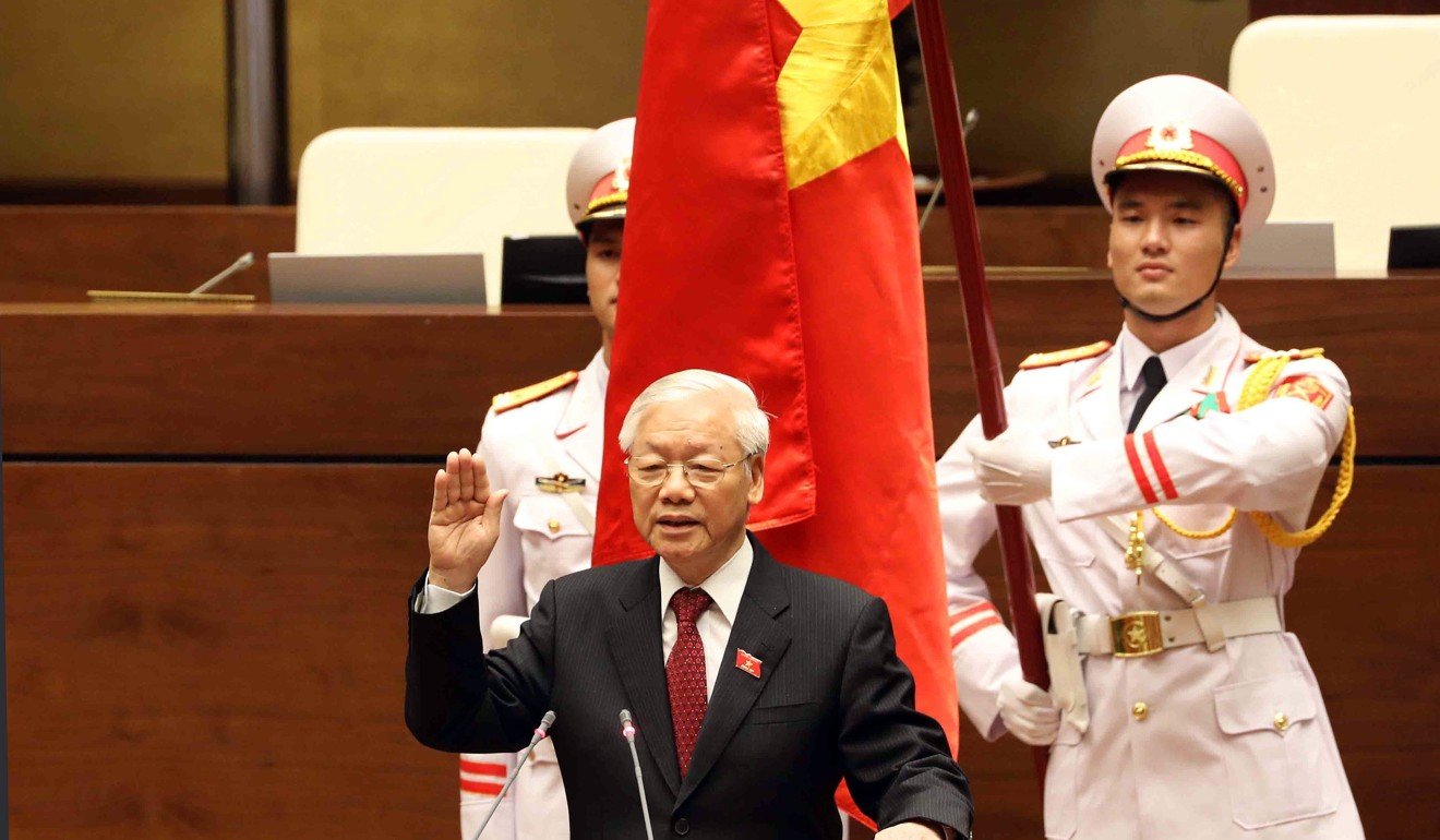 Vietnam’s President Nguyen Phu Trong takes the oath of office. Photo: EPA