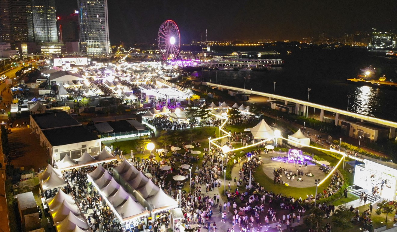 An aerial view of the 10th Wine & Dine Festival at the Central harbourfront, captured by a drone. Photo: Martin Chan