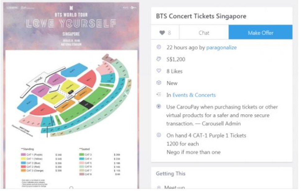 An image of the Carousell account, paragonalize, which is reportedly re-selling BTS concert tickets for S$1,200 each. Photo: Carousell