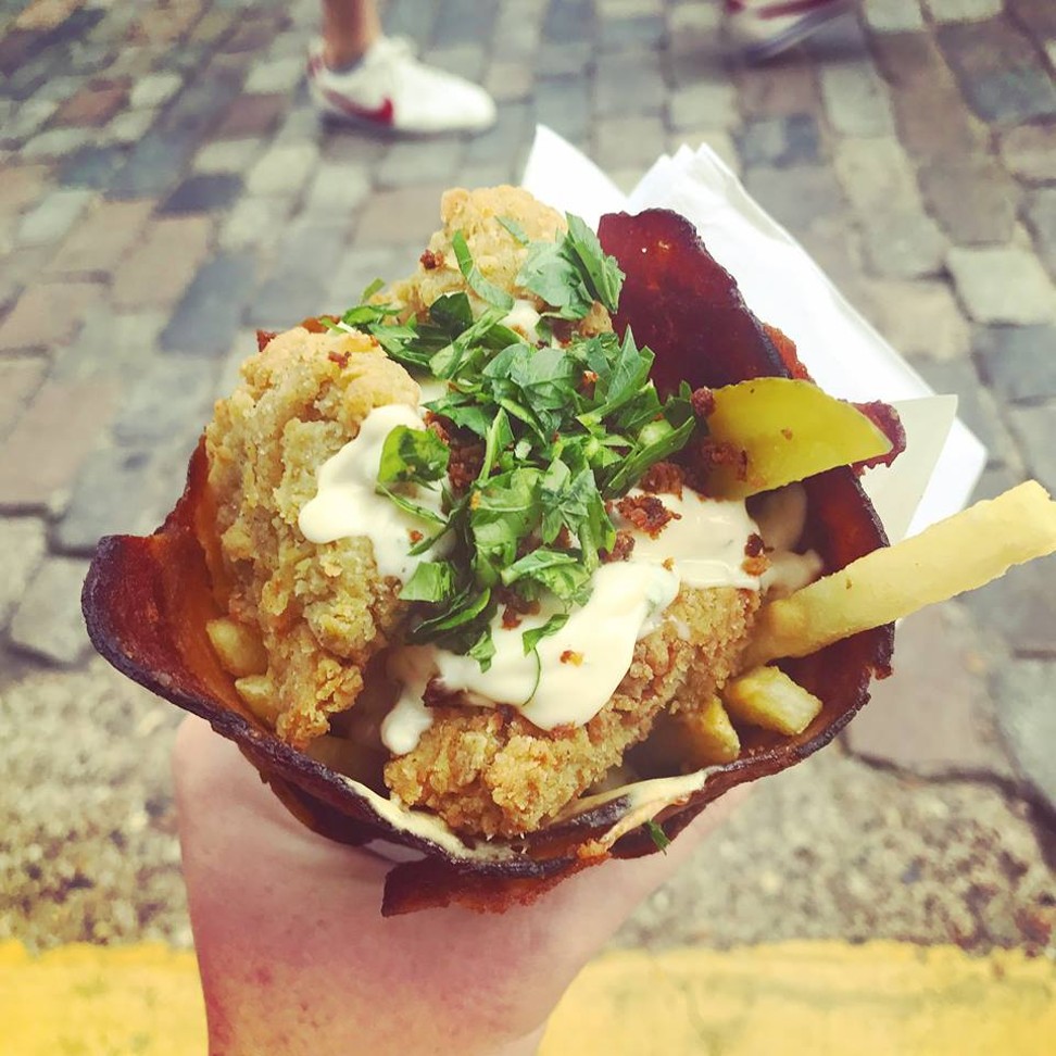 Vegan fried chicken served in a vegan bacon cone at the Hackney Downs vegan market in London. Photo: Kayla Hill